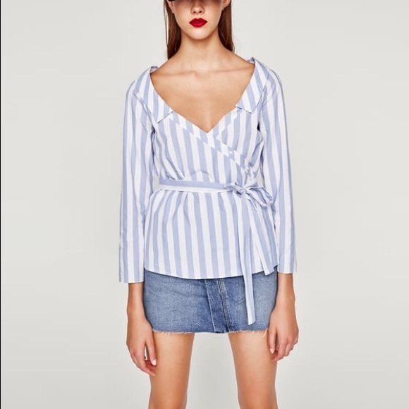 Zara Tops - Zara Blue & White Striped Wrap Shirt